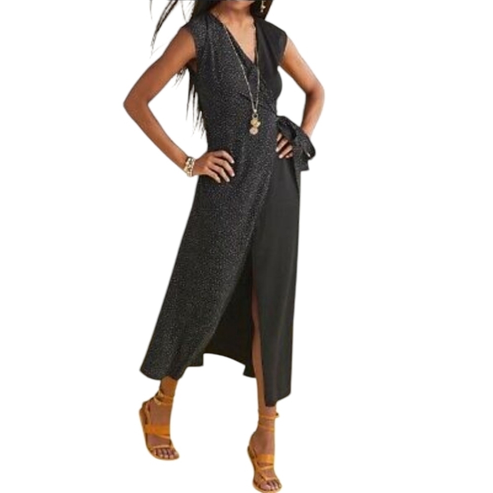 Cabi Black Polka Dot Disco Wrap Maxi‎ Dress Size Medium